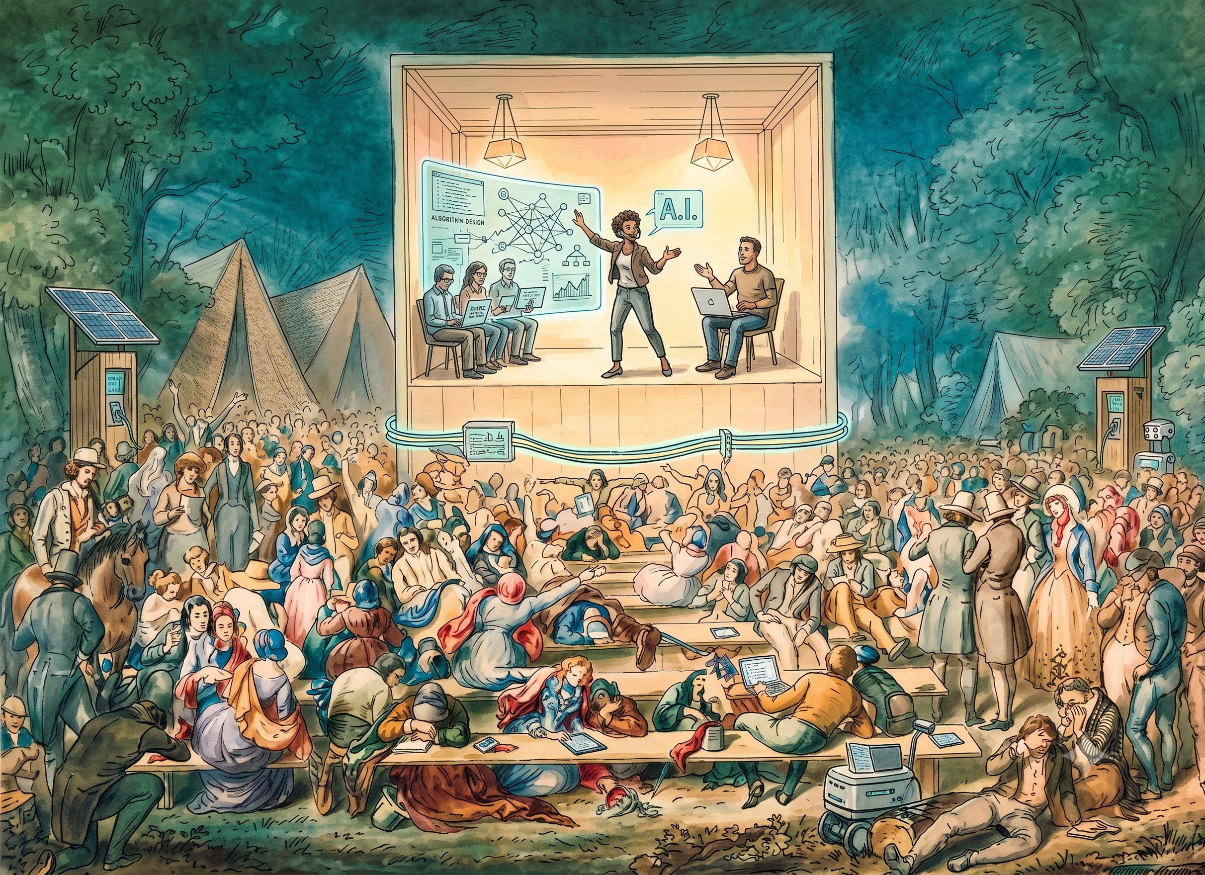 Gemini&rsquo;s riff on a watercolor of a 1839 Methodist camp meeting by J. Maze Burbank, via https://en.wikipedia.org/wiki/Second_Great_Awakening#/media/File:1839-meth.jpg