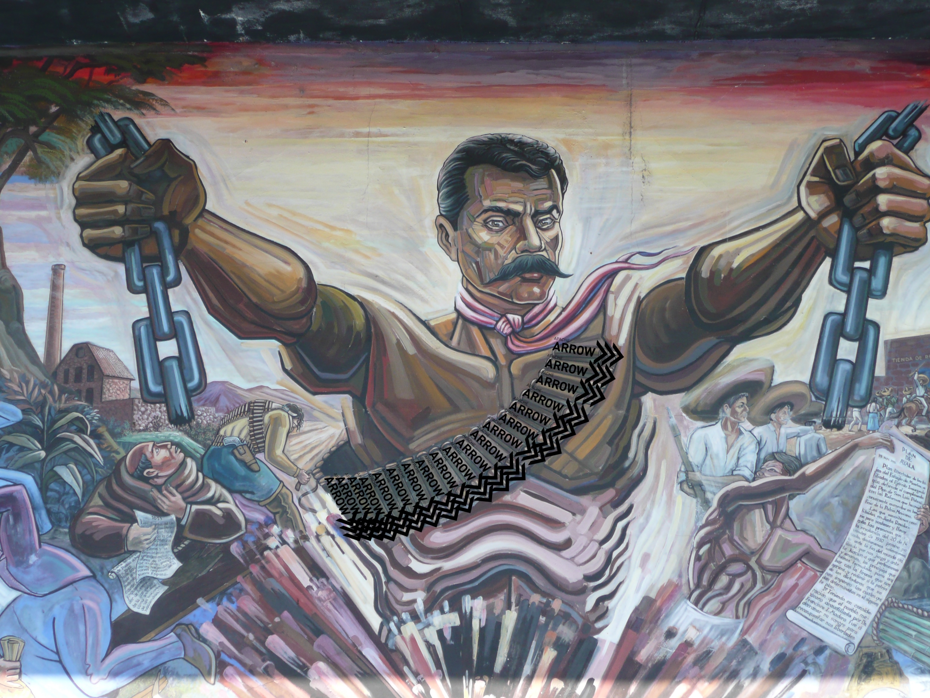 Source image: Fragment from a mural by Roberto Rodríguez Navarro at Zapata’s old home in Anenecuilco, Morelos, https://www.flickr.com/photos/25222005@N08/4308675698. But with Arrow logos superimposed over the bullets.